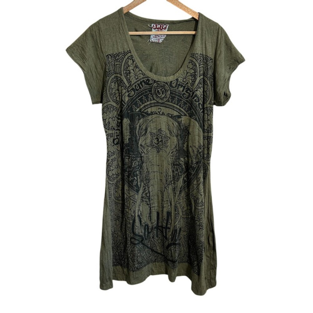 Sure Design 3rd Eye Spiritual Protection T Shirt Dress XL Green Elephant Boho